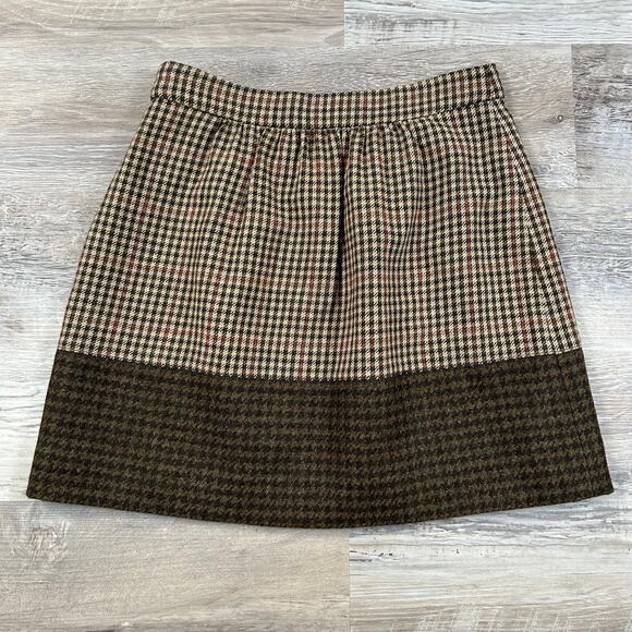 J. Crew Lambs Wool Brown Colorblock Houndstooth Lined Skirt- Size 2 - Picture 1 of 6